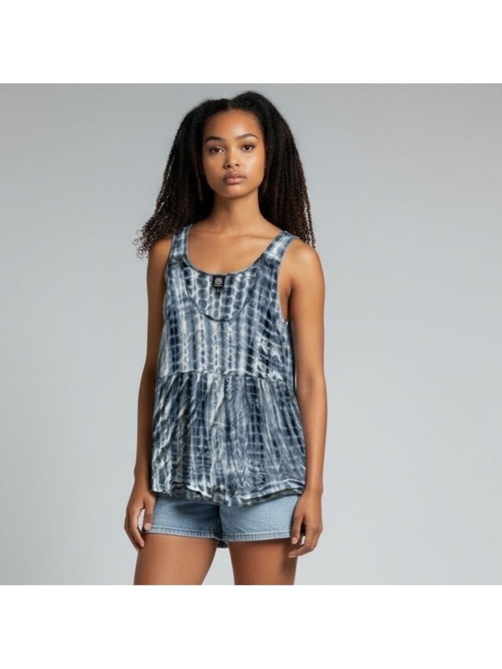 Blue and White Tie Dye Bobeau Yoga Swing Tank, Size Large